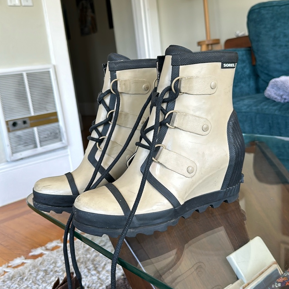 Sorel Joan of arctic cream wedge booties (water resistant)